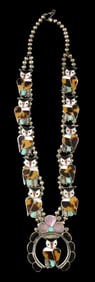JEWELRY: Zuni style owl squash blossom necklace, enamel and stone veneer, tested silver, a single