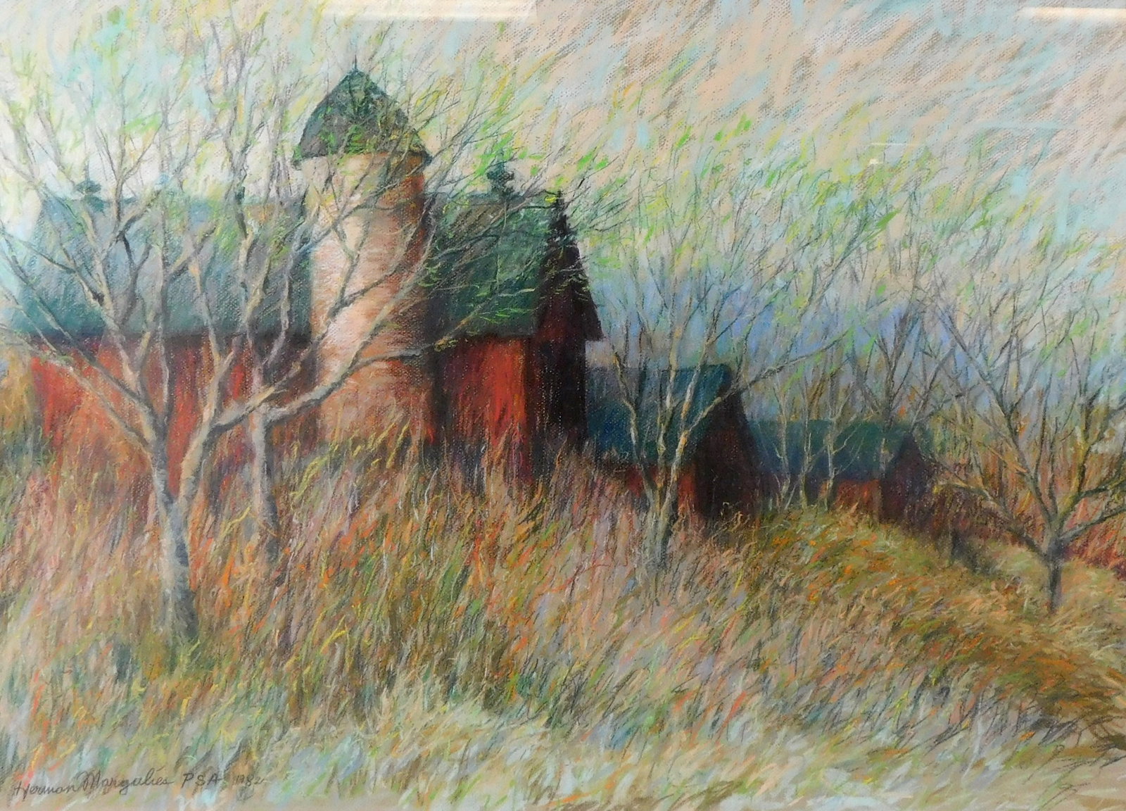 Herman Margulies (American, 1922 - 2004) "Sunstrokes", 1982, pastel on paper, red barns and a silo: Herman Margulies (American, 1922 - 2004) "Sunstrokes", 1982, pastel on paper, red barns and a silo stand in a field with trees, signed lower left, framed behind glass, inscription verso, wear includes
