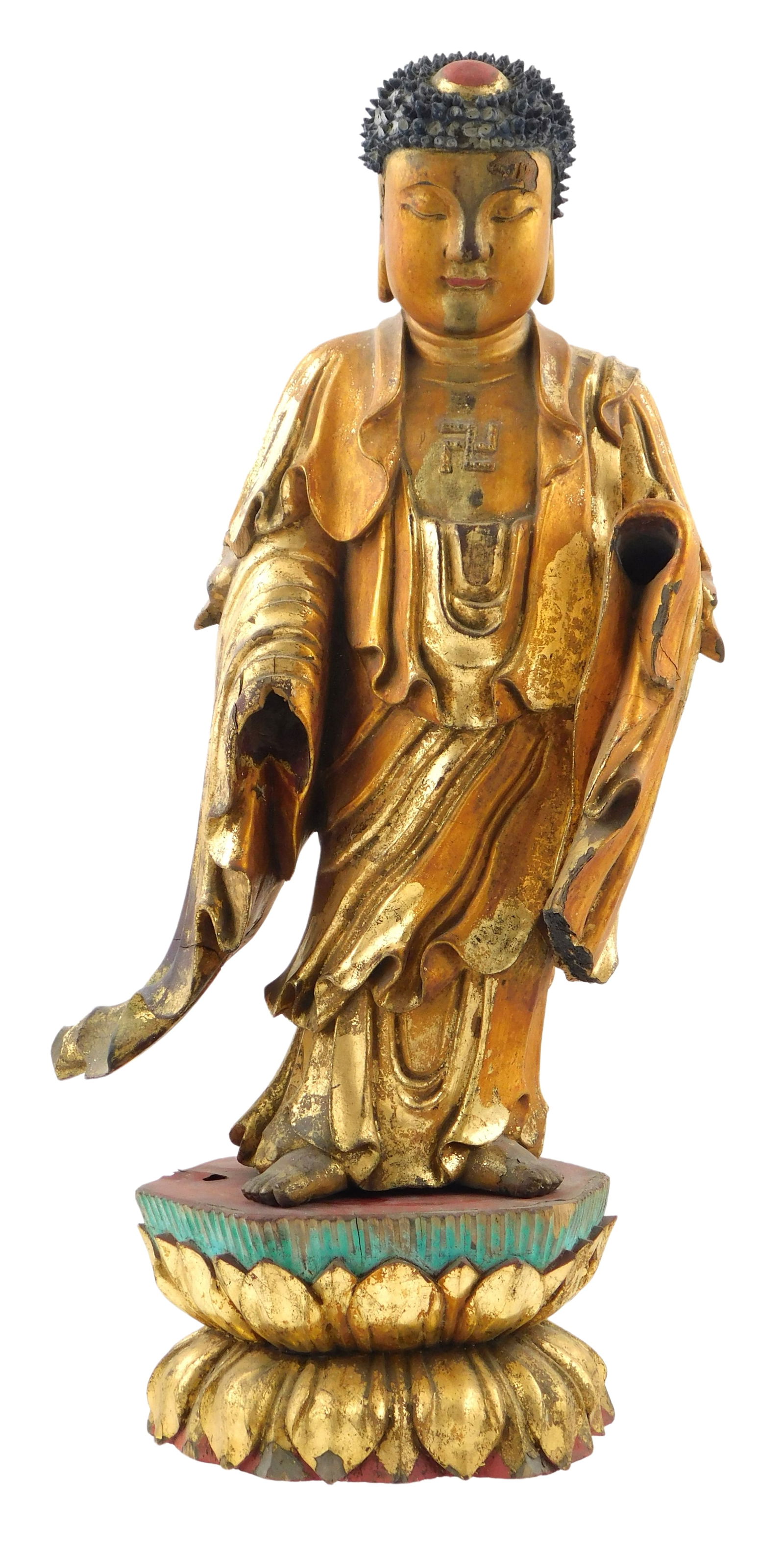 ASIAN: Carved wood and gold lacquer Buddha, Chinese, Qing Dynasty, molded standing on a lotus base, (1 of 3)