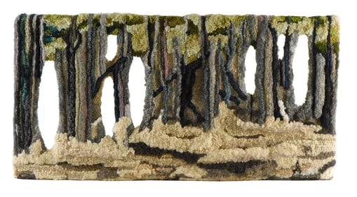 Trudi Shippenberg (Connecticut, 20th C.), “Winter??, hooked tapestry, snowy landscape with many