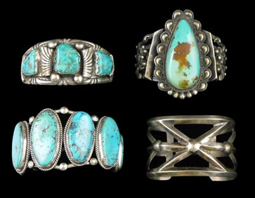 JEWELRY: Four Southwest style silver and turquoise cuff bracelets, one Kirk Smith with large central