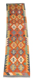 RUG: Turkish Kilim runner, 2' 7" x 9' 6", wool on wool, teal, gold, navy, green and purple