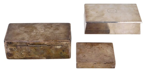 STERLING: Three sterling silver boxes, all marked, details include: largest with monogram "TKM" and
