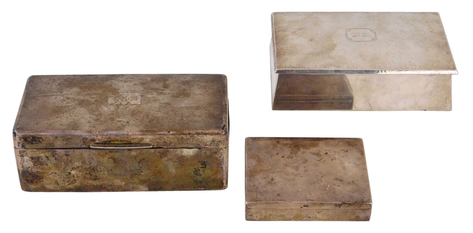 STERLING: Three sterling silver boxes, all marked, details include: largest with monogram "TKM" and (1 of 4)