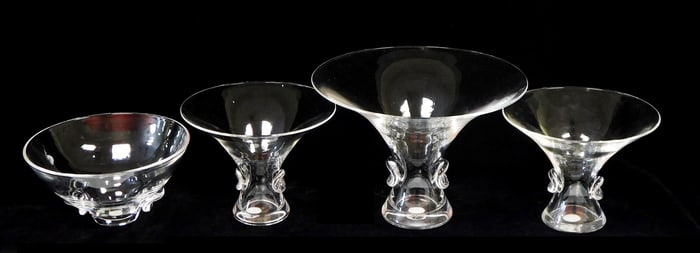 GLASS: Four Steuben crystal bowls/ vases on foot, American, 20th C., each with matching crimped