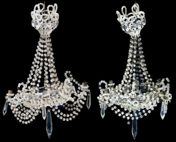 Dollhouse/ Miniature pair of glass-beaded candle chandeliers, late 19th/ early 20th C., each