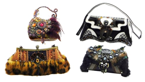 TEXTILES: Mary Francis statement purses, four pieces, each featuring elaborate applied decoration to