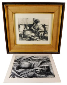 Two framed Contemporary ink drawings, both framed and unsigned, details include: ink on paper still