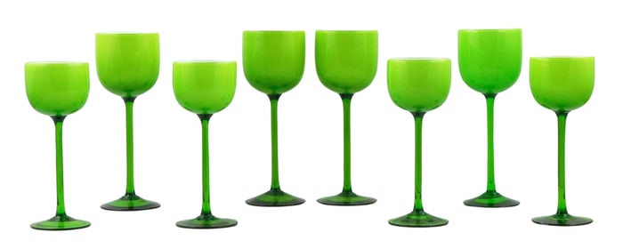 ART GLASS: Carlo Moretti cased stemware, Mid-Century Modern, eight pieces, all vibrant chartreuse