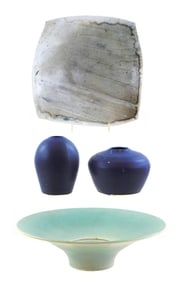 ART POTTERY: Four hand-thrown ceramic pieces, 20th C., two bowls and two small vases, details