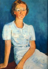Mid-20th C. oil on canvas, portrait of lady seated against blue background, she wears an all white