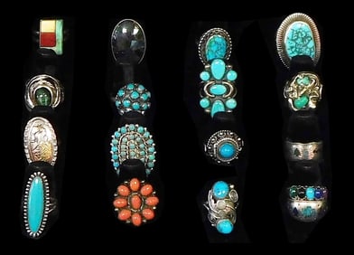 JEWELRY: Seventeen rings, most tested silver and turquoise, one two-tone silver vignette, one coral,