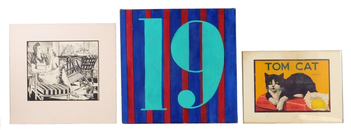 ADVERTISING: Sunkist "Tom Cat" print, Mid-century ink drawing featuring Coca-Cola, and a pop-art