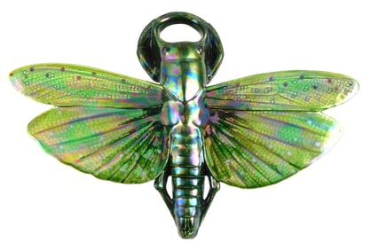Sarreguemines majolica dragonfly wall pocket, c. 1920, France, porcelain with green iridescent