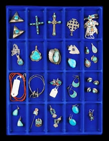 JEWELRY: Southwest, 24+ pieces in tested silver, stones including turquoise, eight pair of earrings,