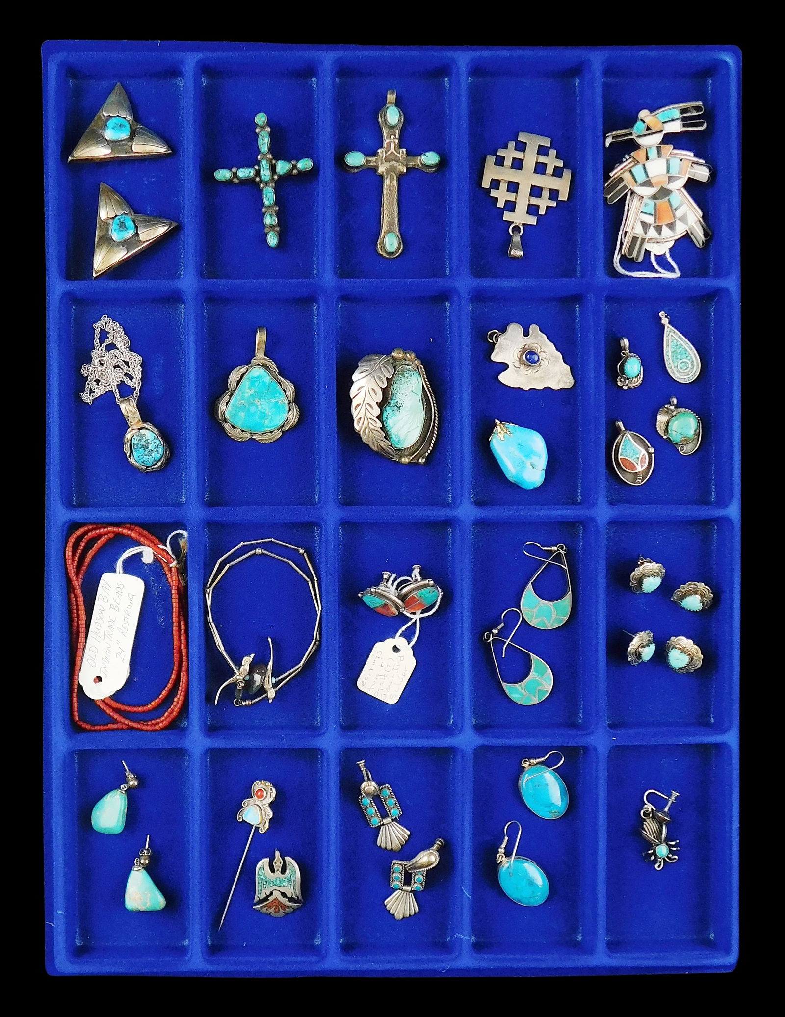 JEWELRY: Southwest, 24+ pieces in tested silver, stones including turquoise, eight pair of earrings, (1 of 3)