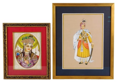 Two Indian framed portraits, 20th C., the first on bone-type support with carved details, of a royal