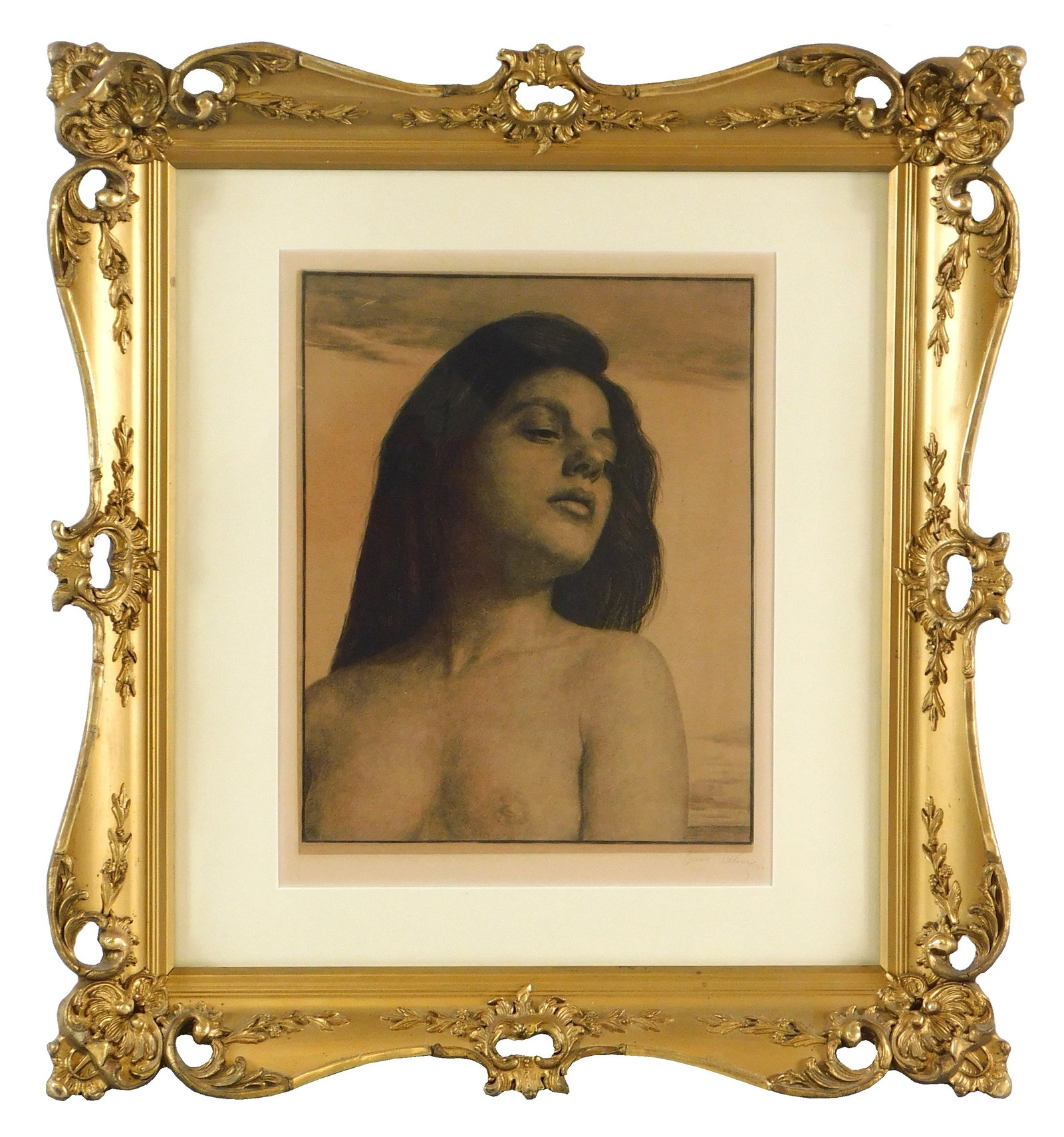 20th C. framed etching of a woman, pencil signed “Georg Lahey?? lower right, depicted is a nude: 20th C. framed etching of a woman, pencil signed “Georg Lahey” lower right, depicted is a nude woman with long brown hair looking over one shoulder, pencil signed lower right, “01” wit