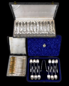SILVER: Three boxed sets of silver spoons, totaling 37 pieces, 19th C., all with marks, including