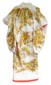 ASIAN: Japanese kimono, possibly wedding "Uchikake" kimono, mid-20th C., white ground with birds and