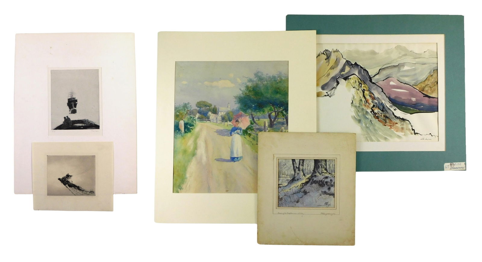 Phillip Kappel (Connecticut, 1901-1981), two etchings, and three 20th C. American watercolors, the: Phillip Kappel (Connecticut, 1901-1981), two etchings, and three 20th C. American watercolors, the first etching: “In Tow”, depicts large ship with many sails being towed by boat in foreground