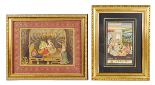 Two Indian framed paintings depicting romantic scenes, 20th C., the first a painting on celluloid