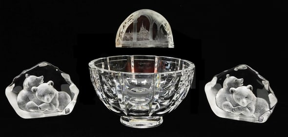 GLASS: Orrefors, Mats Jonasson, etc., four pieces including cut crystal bowl and three engraved lead