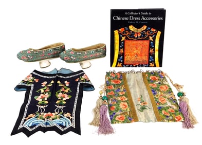 ASIAN: Three Chinese embroidered textiles and one book, 19th/20th C., including: pair of Qing