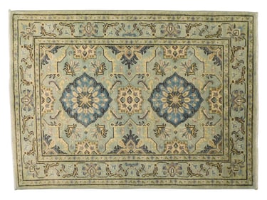 RUG: Uzbek Tabriz, 3' 2" x 4' 4", wool on cotton, gold, gray and denim geometric and floral designs