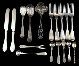 SILVER: Seventeen pieces of silver flatware and servingware, some with sterling and other silver