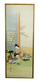 ASIAN: Japanese painting on silk, 20th C., two women seated next to an open shoji reading and
