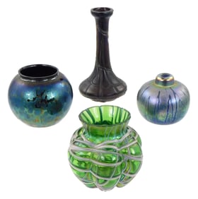 ART GLASS: Four small iridescent vases, Loetz style, including a round cobalt multi color, a green
