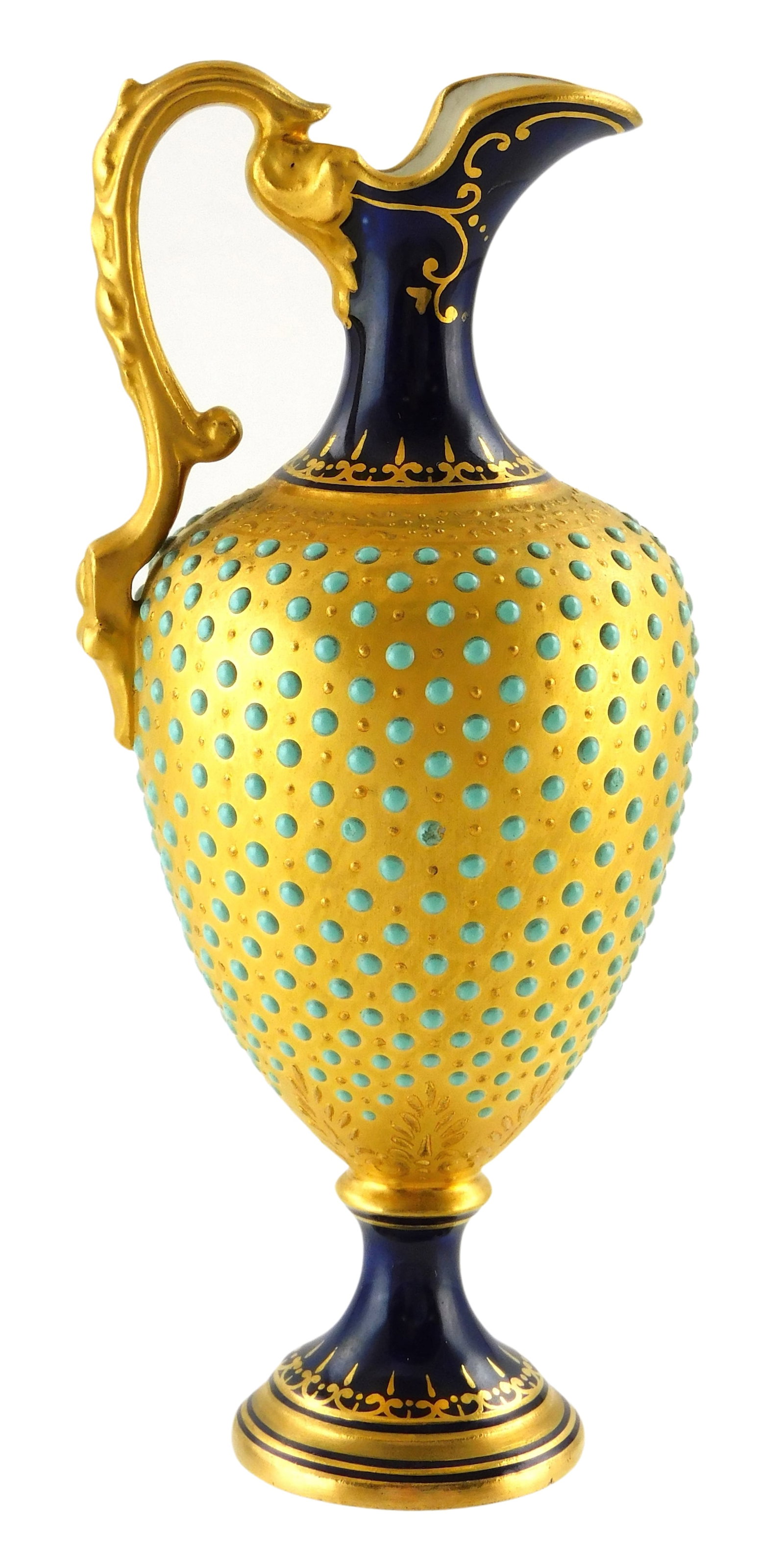 Coalport turquoise enamel jewel porcelain ewer retailed by Tiffany & Co., New York, late 19th C.,: Coalport turquoise enamel jewel porcelain ewer retailed by Tiffany & Co., New York, late 19th C., miniature ewer decorated with turquoise jewel enamel grid pattern on gold body and cobalt blue neck an