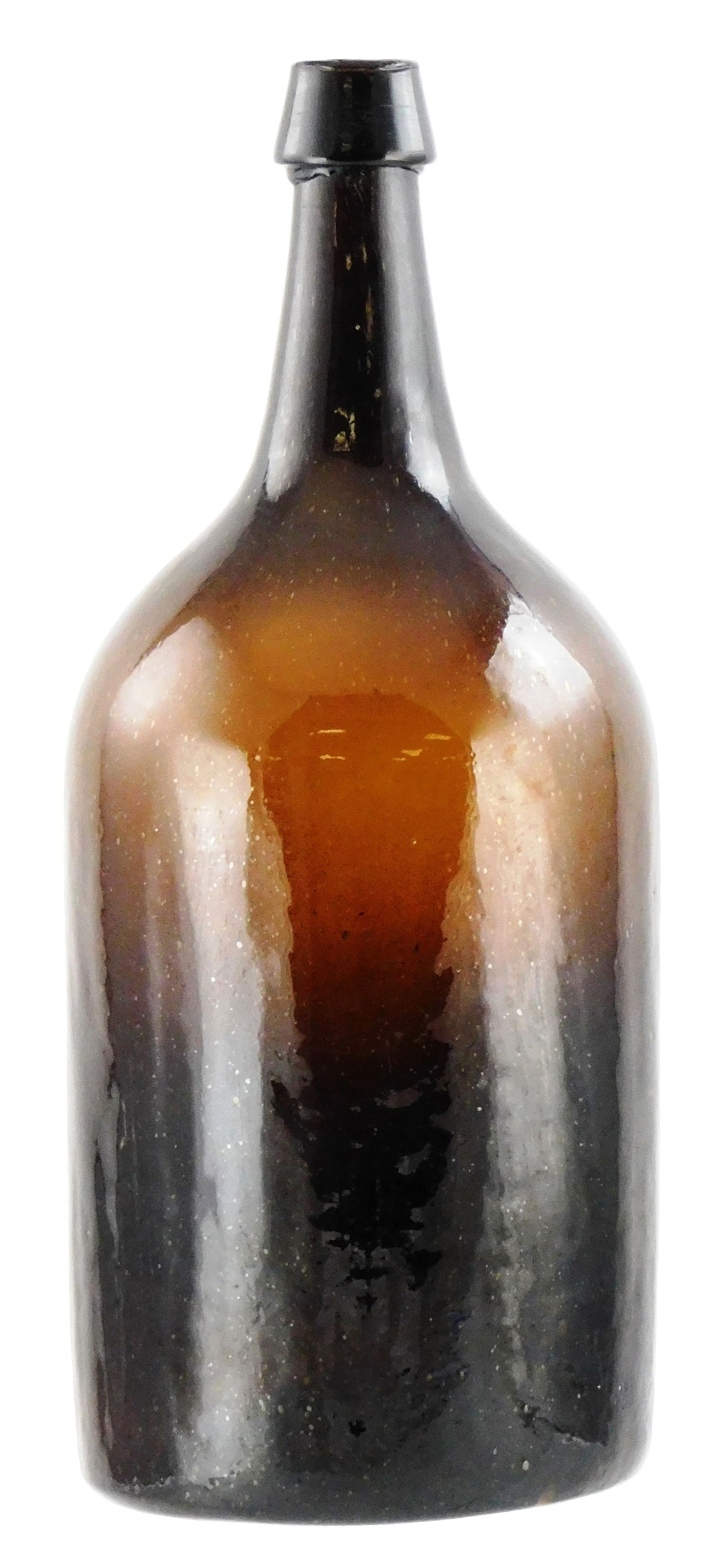 GLASS: 1860-1870 demijohn, whitled throughout, amber with small bubbles throughout, applied lip, 15" (1 of 3)