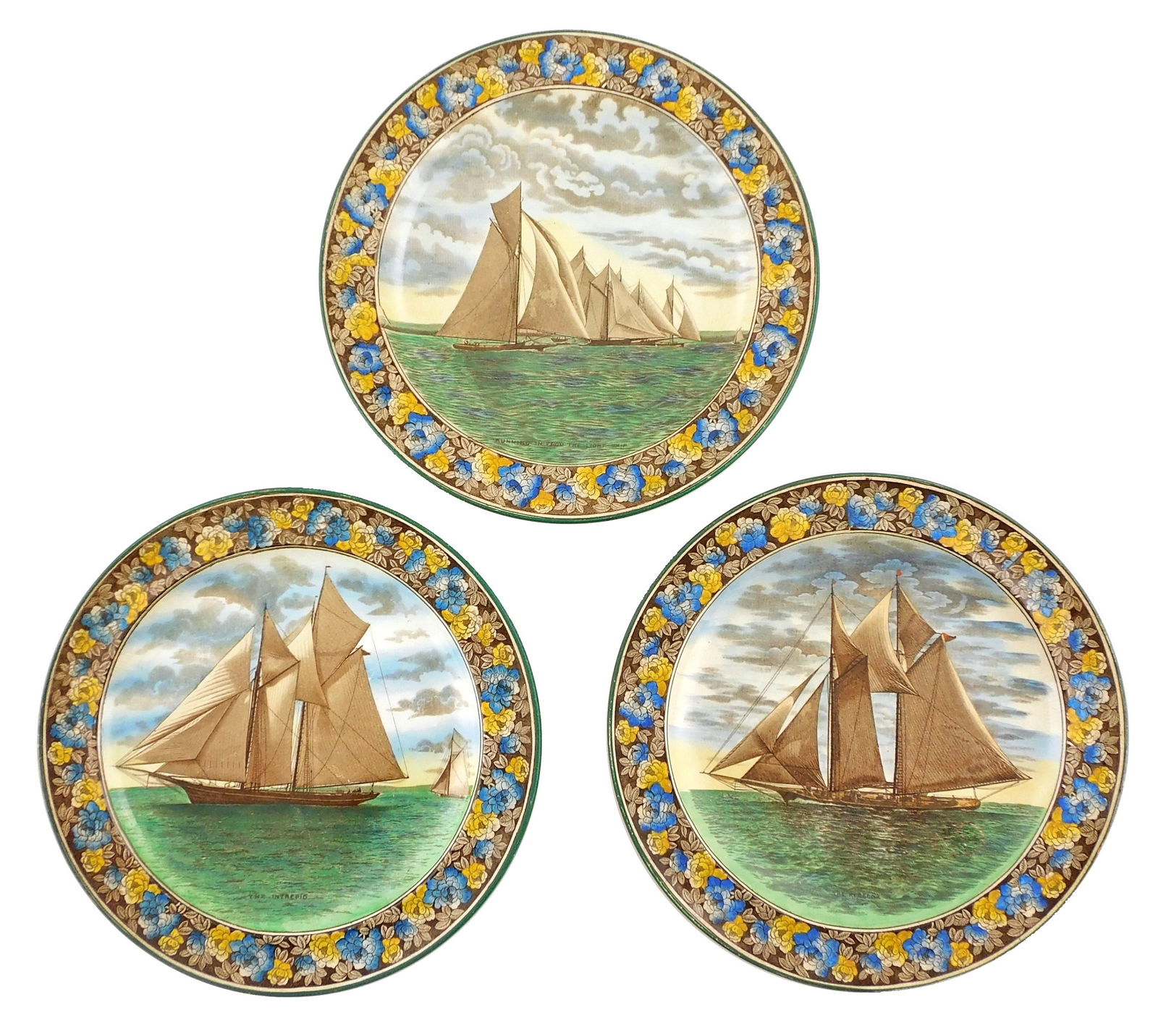 Three Wedgwood 1885 America's Cup themed plates, late 19th/ early 20th C., porcelain with brown (1 of 5)