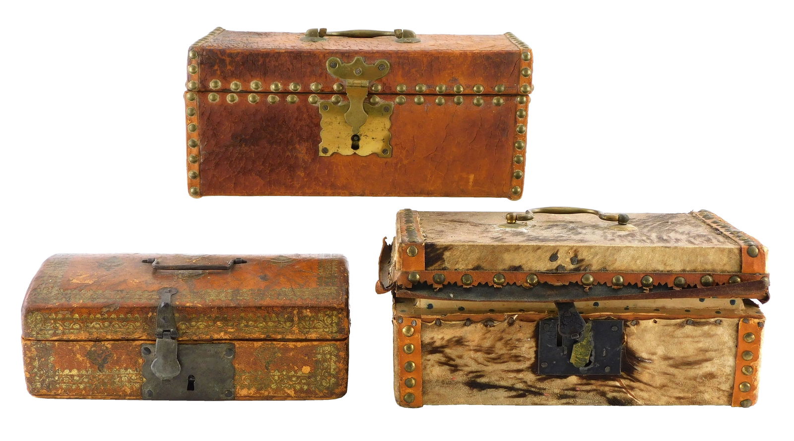 + Three hide covered document boxes, 19th C., includes: first, hide with fur covered hinged box with (1 of 5)