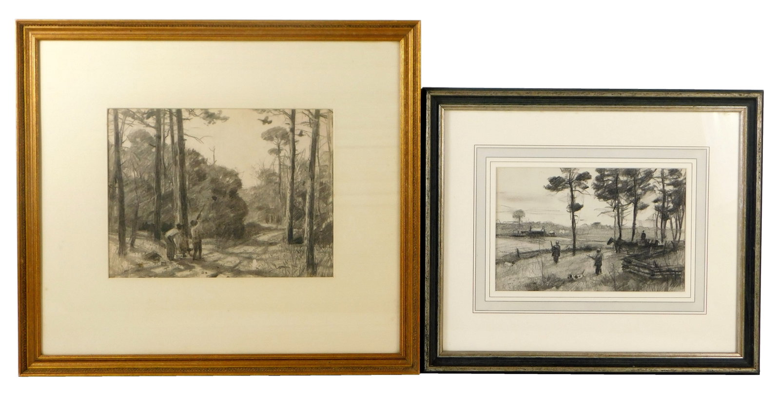 Aiden Ripley (1896-1969) two hunting scenes, early 20th C., charcoal and pencil on paper, matted and: Aiden Ripley (1896-1969) two hunting scenes, early 20th C., charcoal and pencil on paper, matted and framed, no visible signatures, larger drawing labeled on verso: "Aiden Lassel Ripley, American 1896
