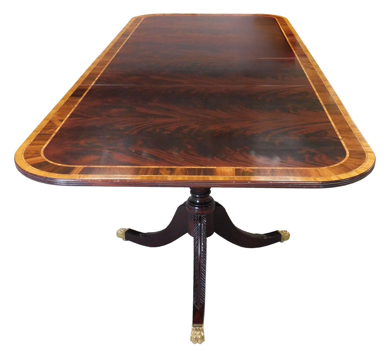 Stickley mahogany double pedestal extension dining table, oblong top with contrasting banding along (1 of 4)