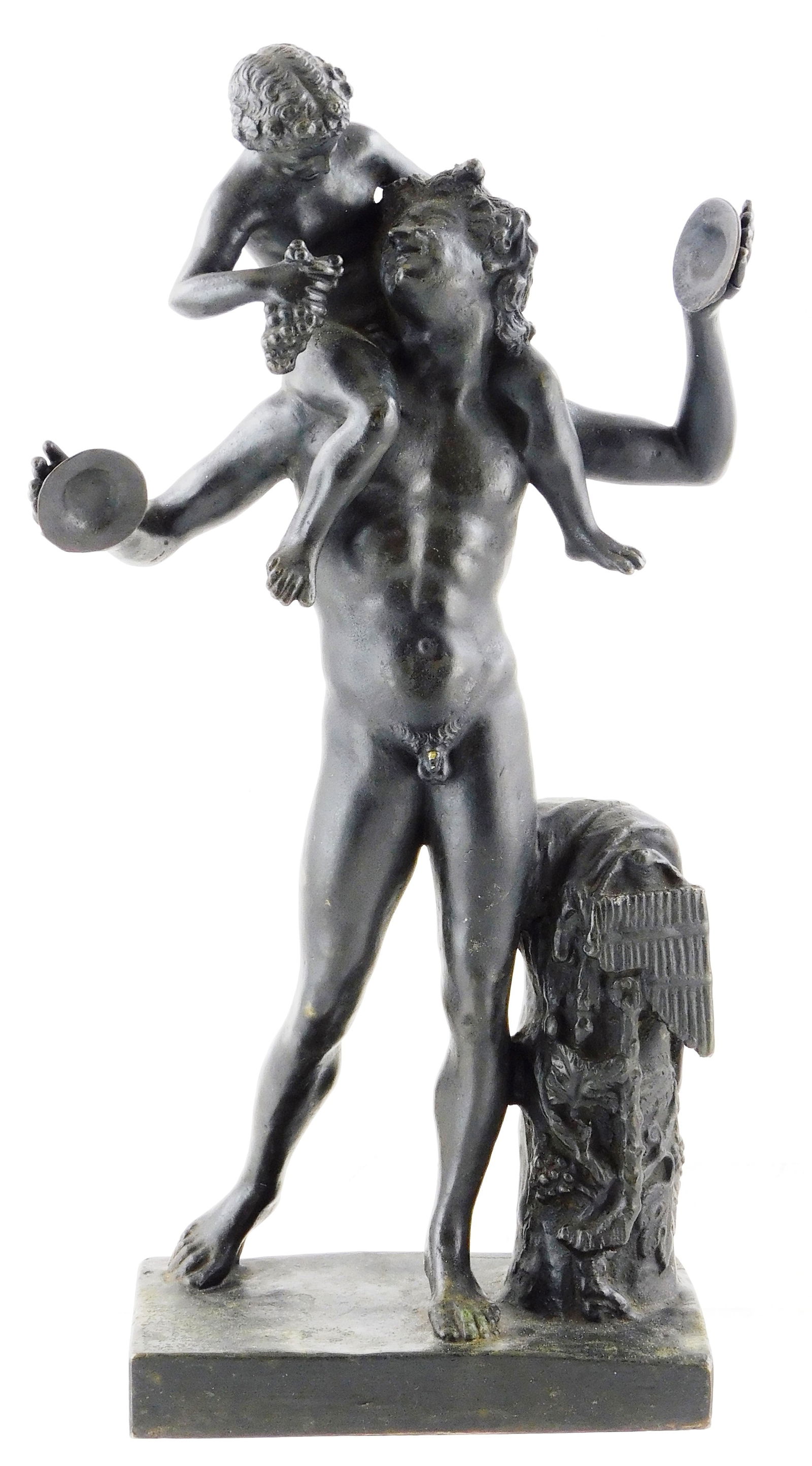 SCULPTURE: Patinated Bronze figure of Satyr holding cymbals, with infant Dionysus on shoulders, (1 of 3)