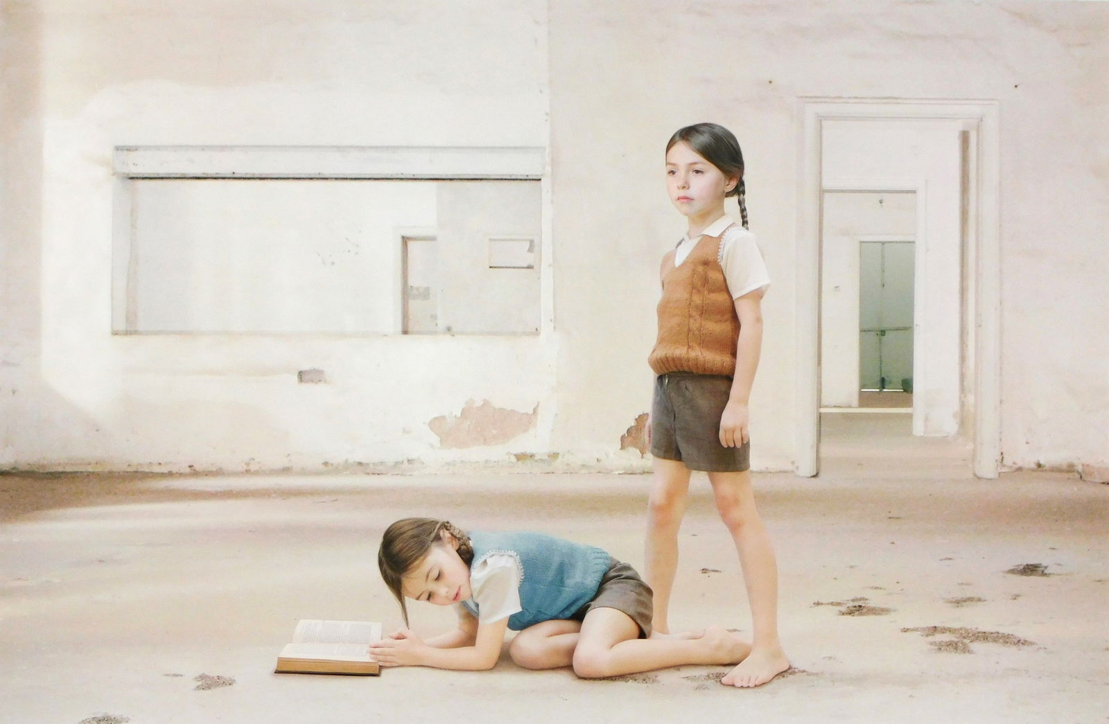 +Loretta Lux (German, b. 1969), "The Book", 2003, llfochrome (aka lifochrome) print on aluminum,: +Loretta Lux (German, b. 1969), "The Book", 2003, llfochrome (aka lifochrome) print on aluminum, edition 6/7, depicts young brunette girl in two poses with light interior background, signed, titled, d