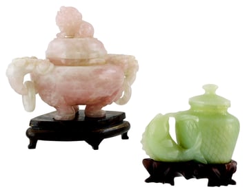 ASIAN: Chinese Rose Quartz censer with wooden base and semi-translucent green stone container