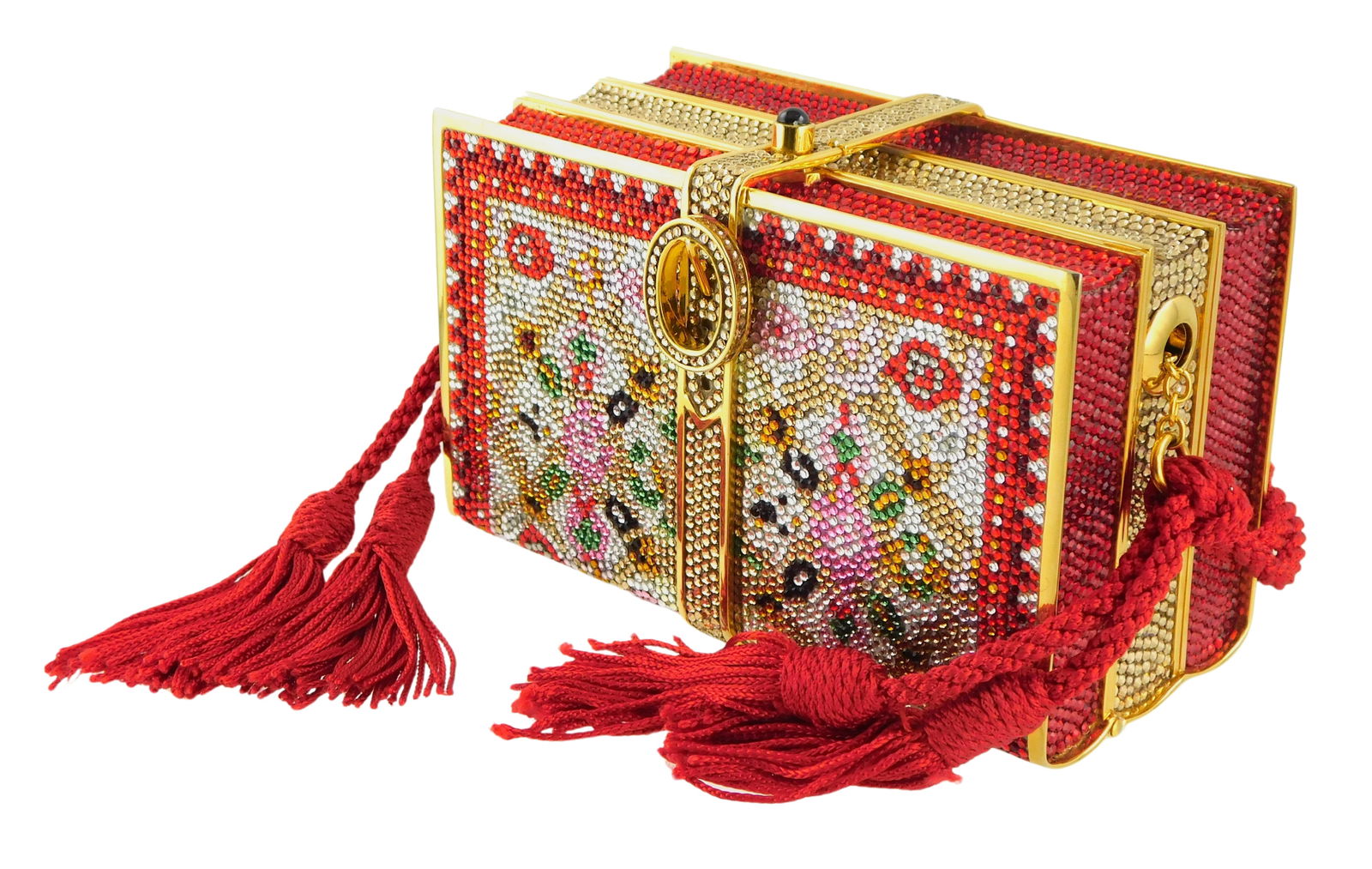 DESIGNER: Judith Leiber Minaudiere book-form purse, multicolor Swarovski crystals affixed to stack (1 of 3)