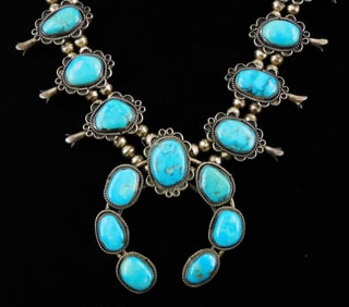 JEWELRY: Navajo style squash blossom necklace, silver and turquoise, 25 1/4" l. from end to end,
