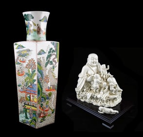 ASIAN: Two Chinese ceramic pieces: 20th C., including: Famille Verte squared tall vase, landscapes