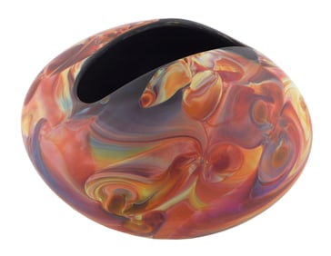 ART GLASS: Frederick Warren satin silver art glass vase, oval form with diagonal mouth, handblown,