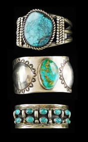 JEWELRY: Three southwest bracelets, silver and turquoise, one featuring central stone with sun on