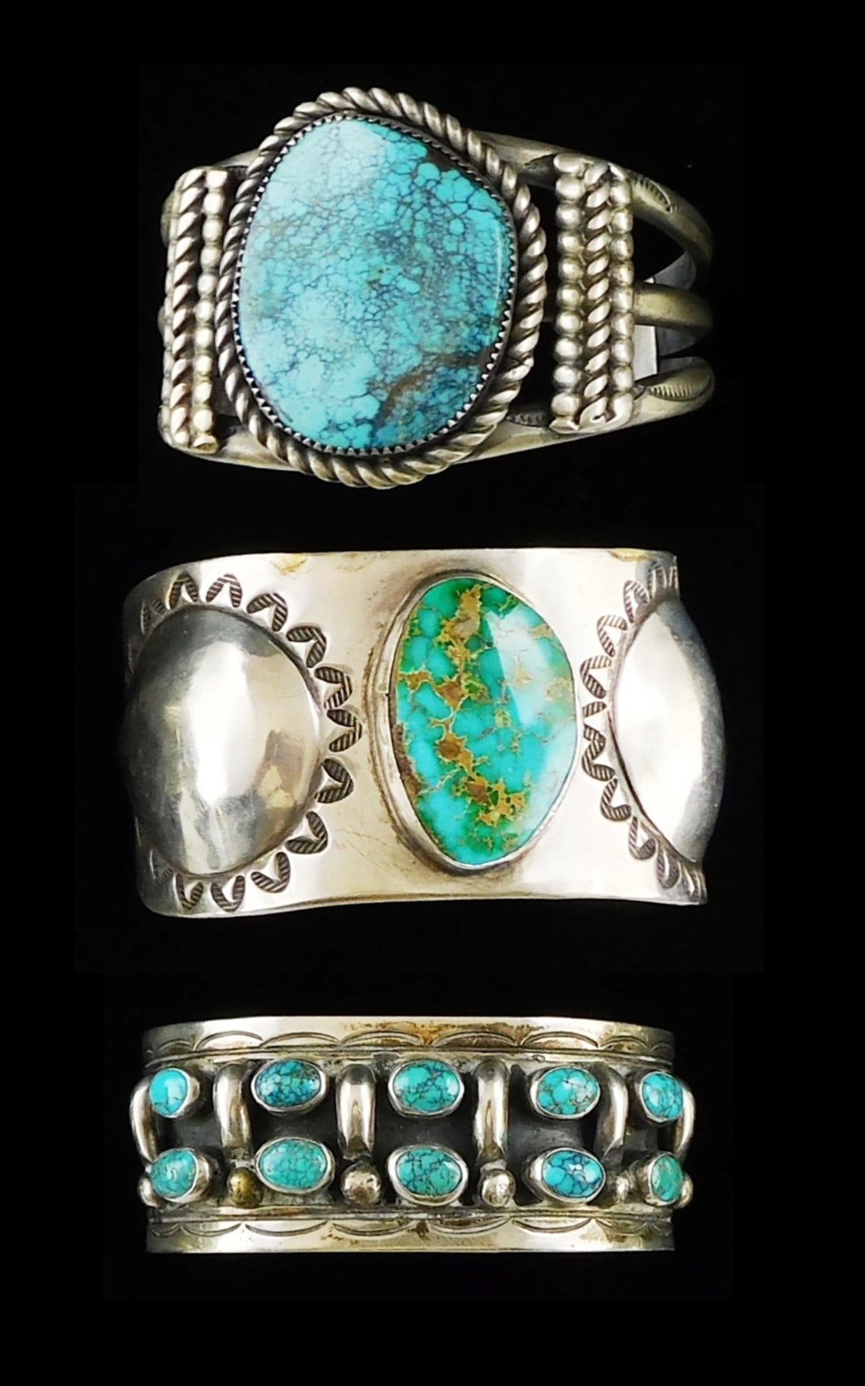 JEWELRY: Three southwest bracelets, silver and turquoise, one featuring central stone with sun on (1 of 5)