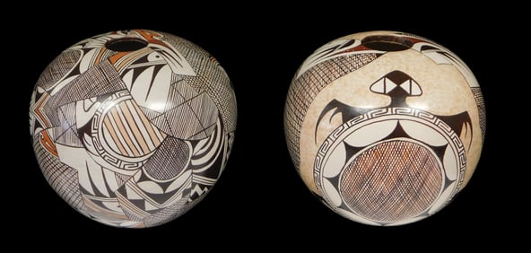 TRIBAL: Native American pottery, two seed pots by Feather Woman, Sylvia Naha (Hopi, 1951-1999) with
