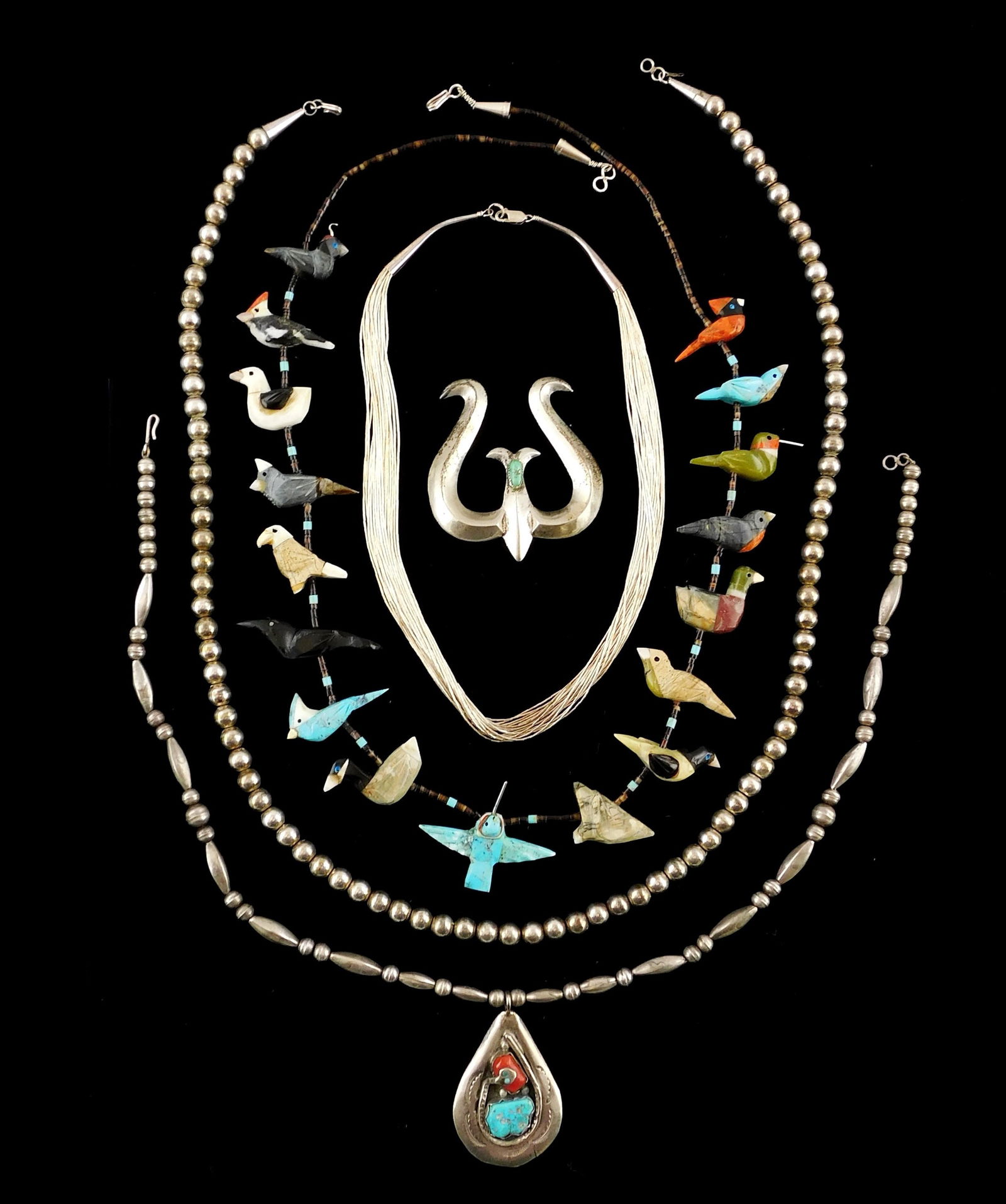 JEWELRY: Five pieces including three silver necklaces; one with attached pendant in coral and (1 of 6)