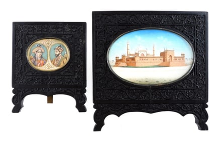 ASIAN: Two hand-painted miniatures in carved wood standing easel frames, 19th C., the first